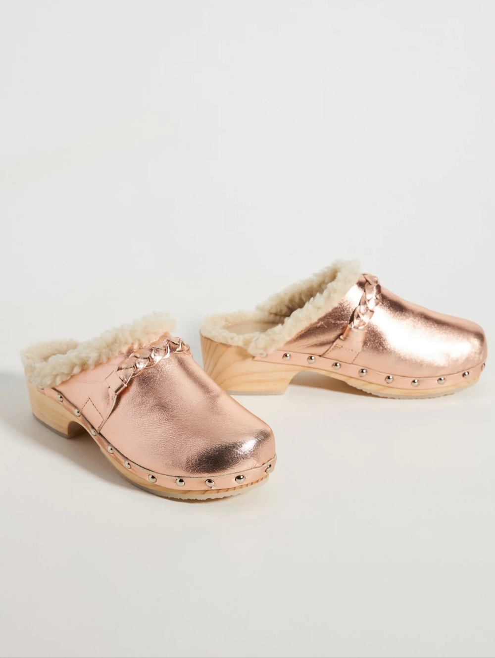 Pilcro Anthropologie Rose Gold Cozy Braided Sherpa Lined Clogs In 6